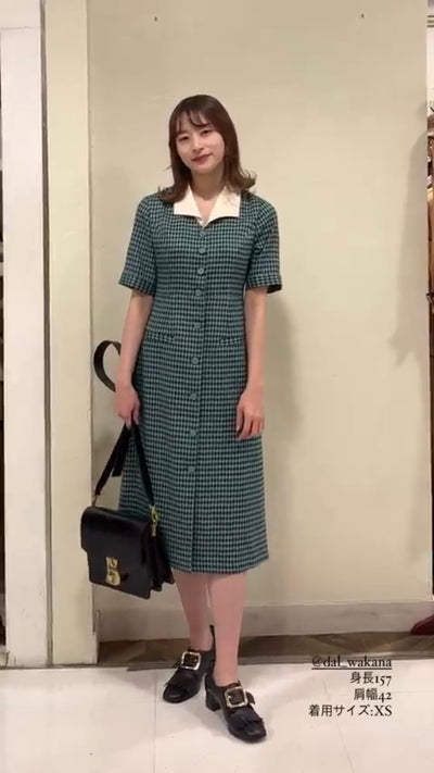 《メニュー表で顔を隠してる》オープンカラーチェックワンピース-Green