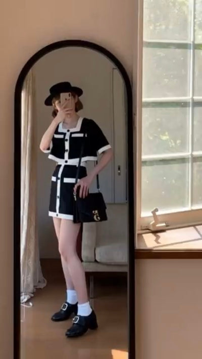 《引越してきたばかりの夫婦》ハイウエストカラーブロックスカート-Black