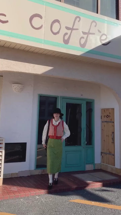 《壊れたフィルム》ハウンドトゥースチェックベスト-Orange red