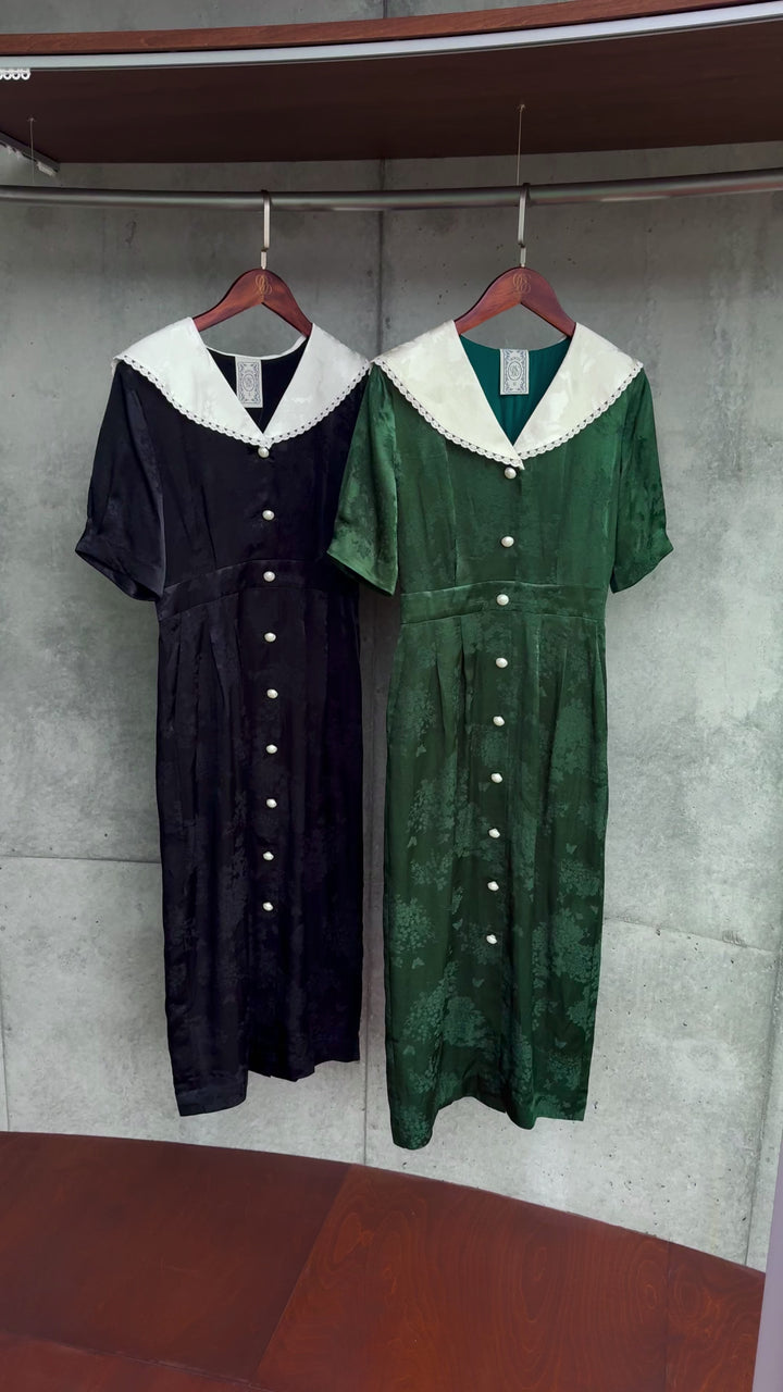 《一籠の包子は何個？》レーストリムジャガードワンピース-Green