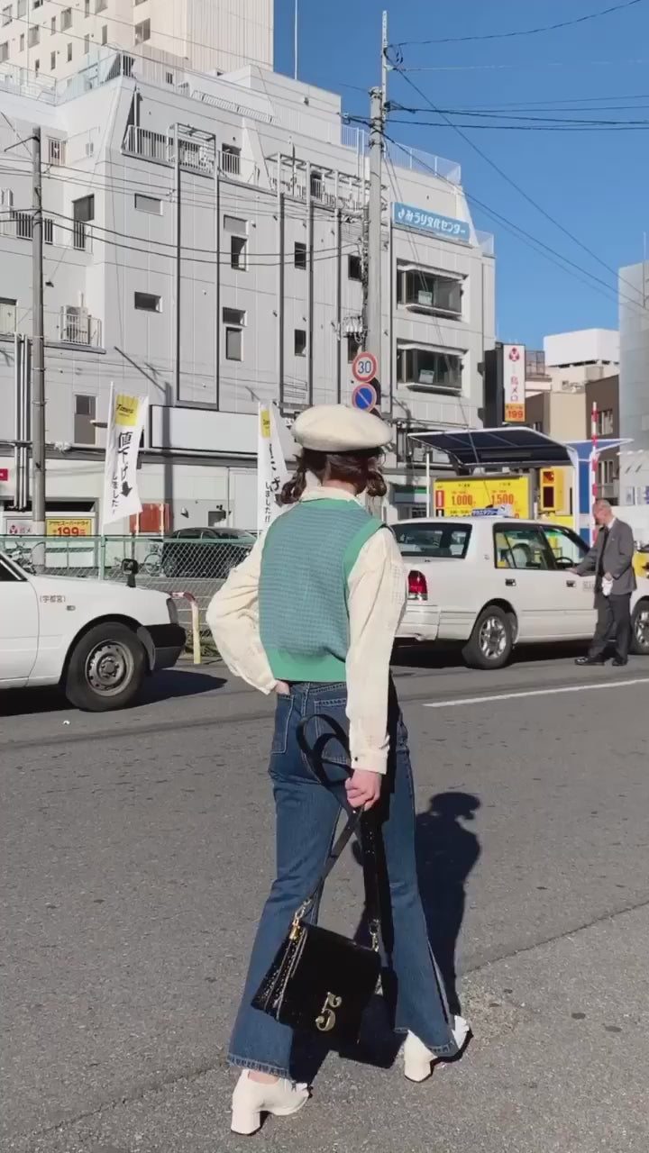 《壊れたフィルム》ハウンドトゥースチェックベスト-Emerald green