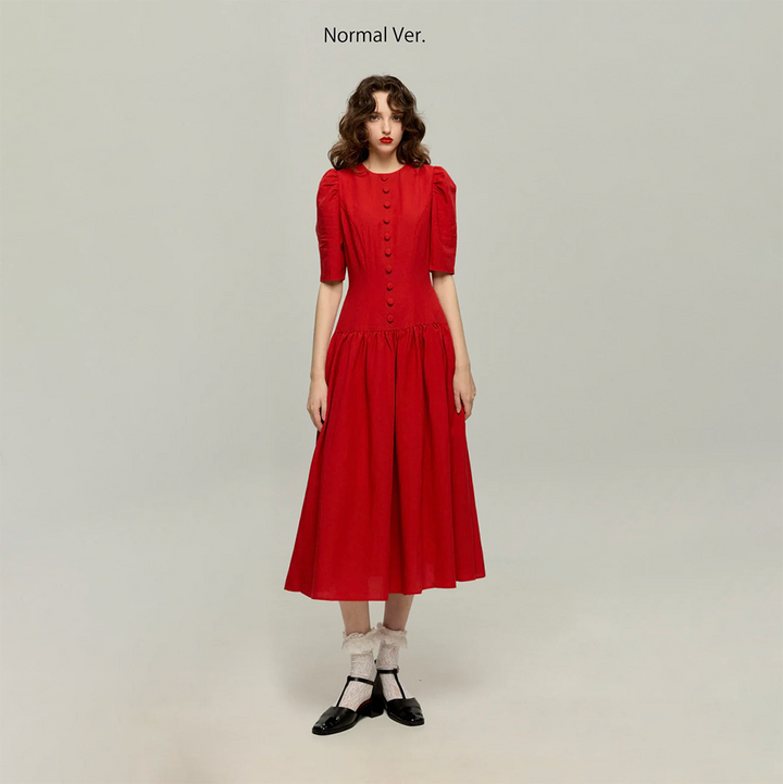 《お耳が長い動物って？》ハイウエストデザインドレス-Red