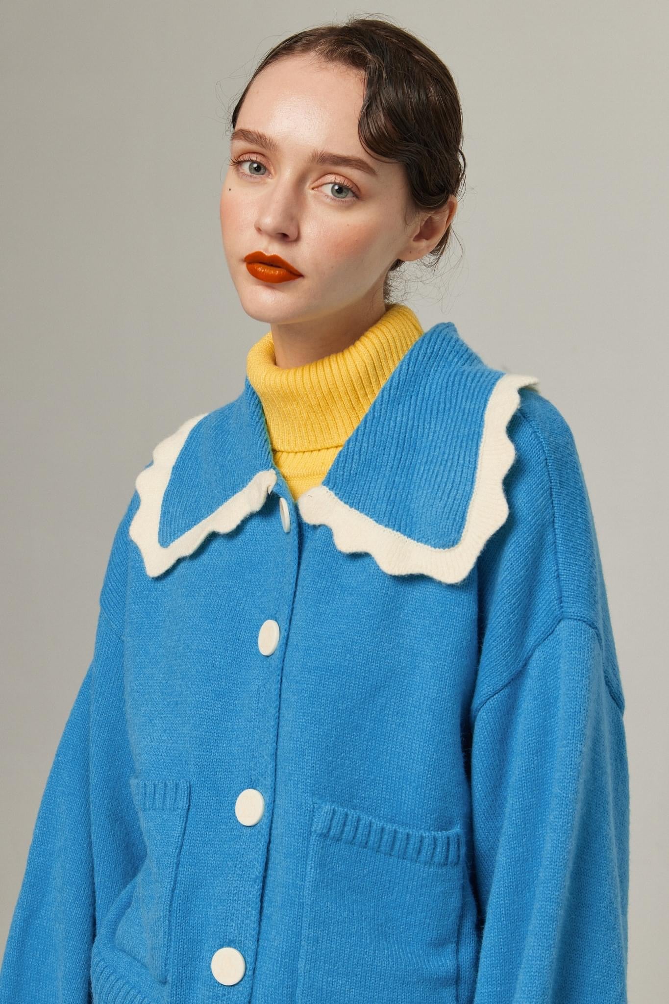 《サラダしか食べたくない》スカラップデザインニットカーディガン-Blue