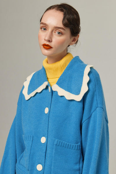 《サラダしか食べたくない》スカラップデザインニットカーディガン-Blue