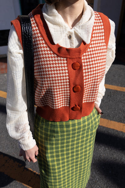 《壊れたフィルム》ハウンドトゥースチェックベスト-Orange red