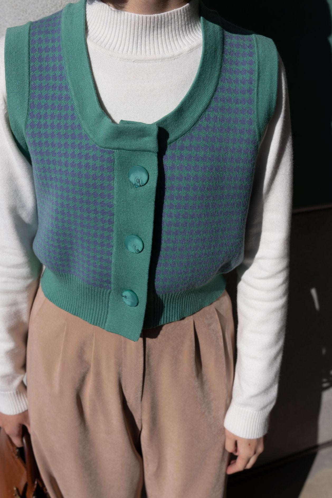 《壊れたフィルム》ハウンドトゥースチェックベスト-Emerald green