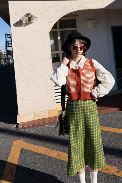 《壊れたフィルム》ハウンドトゥースチェックベスト-Orange red