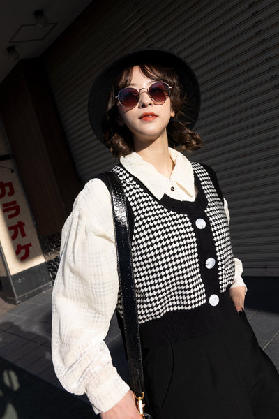 《壊れたフィルム》ハウンドトゥースチェックベスト-Black