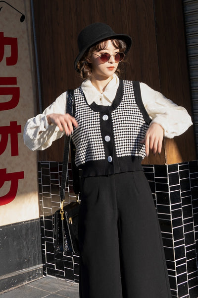 《壊れたフィルム》ハウンドトゥースチェックベスト-Black