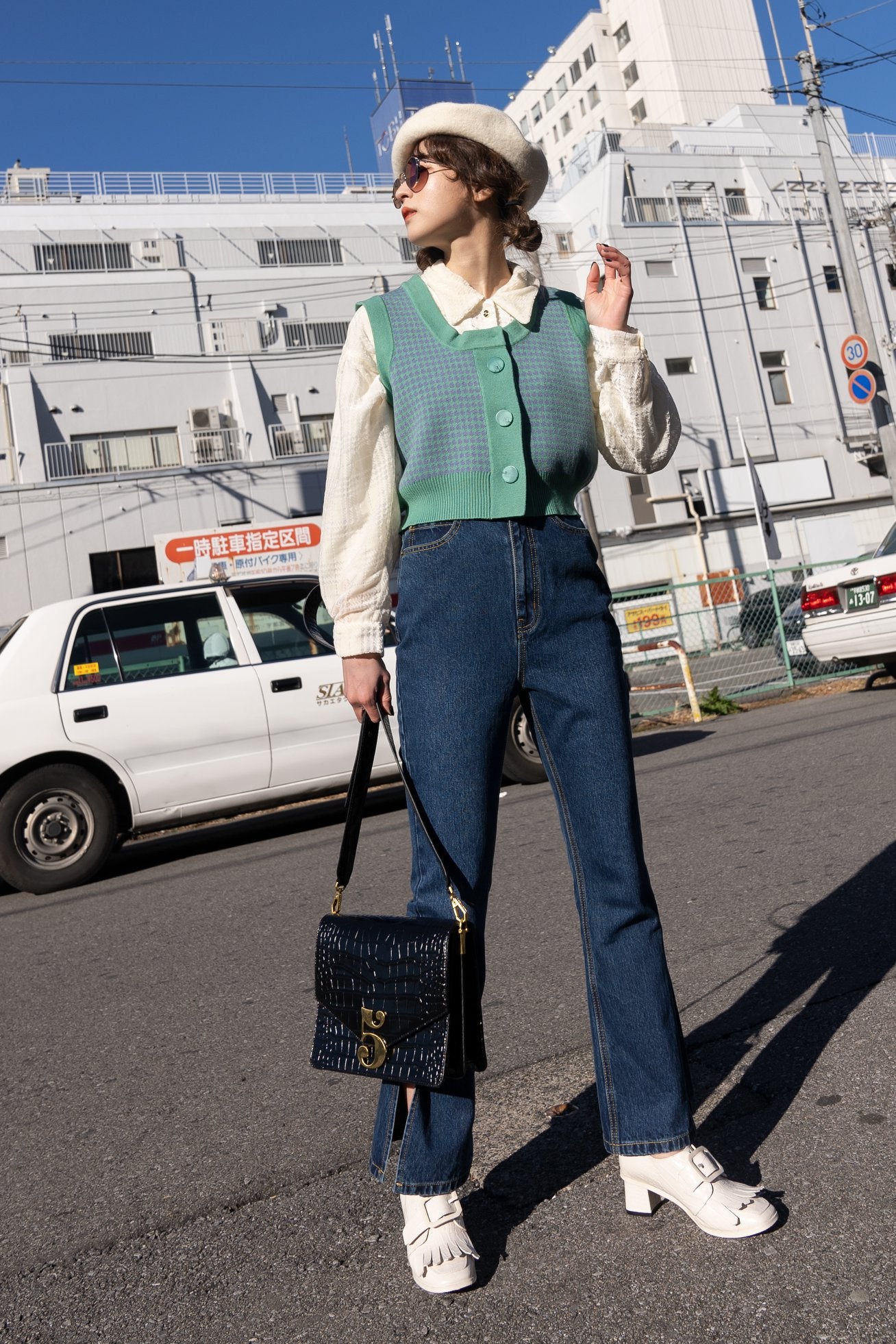 《壊れたフィルム》ハウンドトゥースチェックベスト-Emerald green