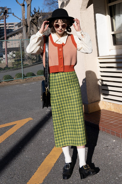 《壊れたフィルム》ハウンドトゥースチェックベスト-Orange red