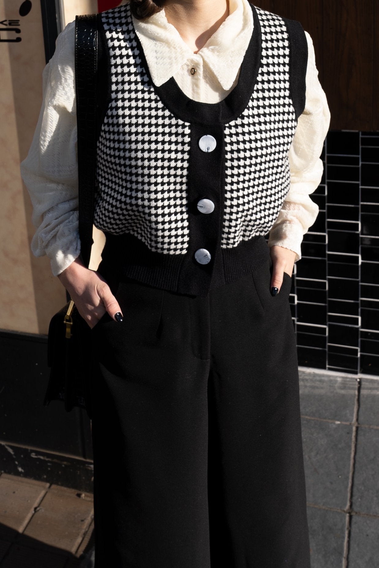 《壊れたフィルム》ハウンドトゥースチェックベスト-Black
