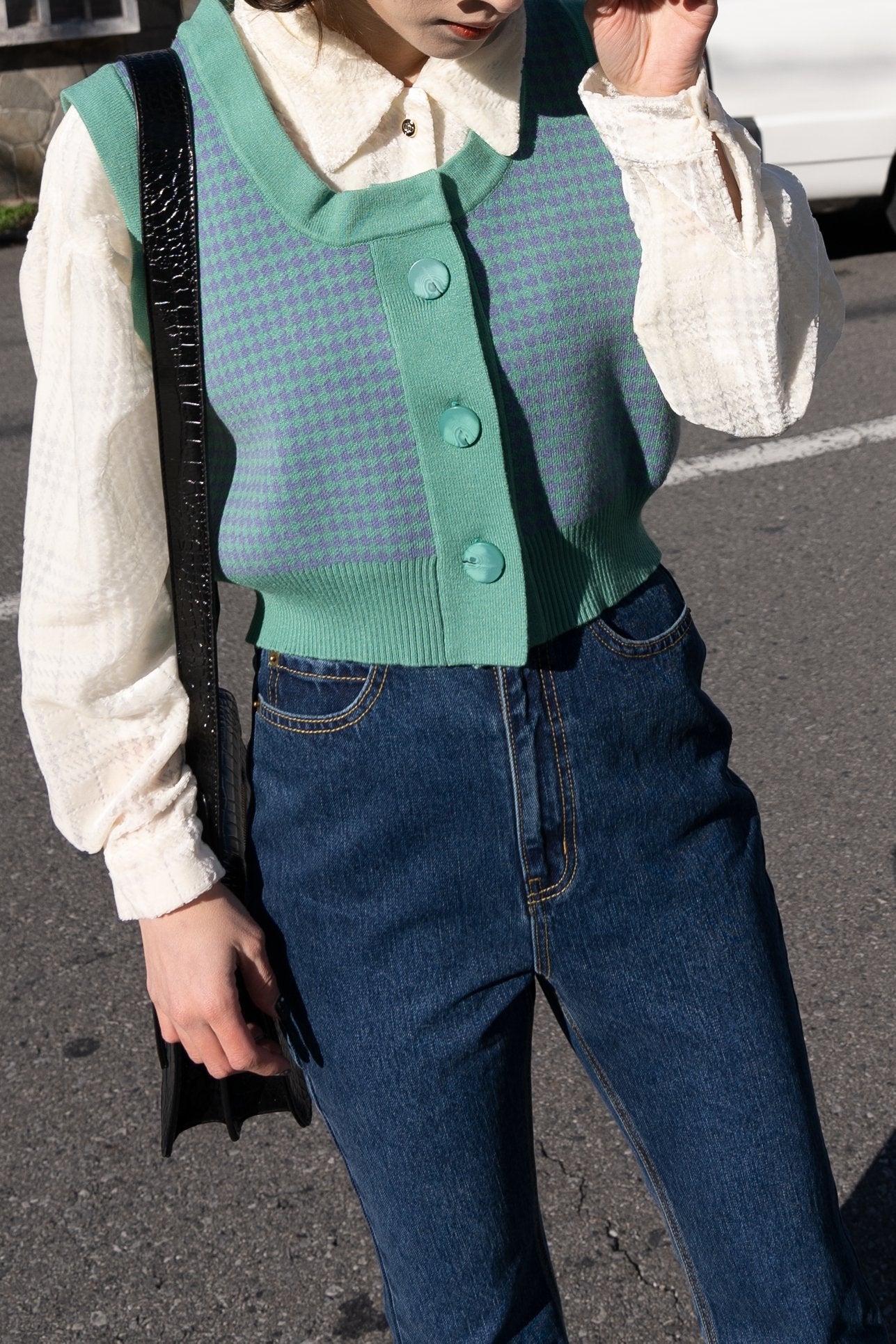 《壊れたフィルム》ハウンドトゥースチェックベスト-Emerald green