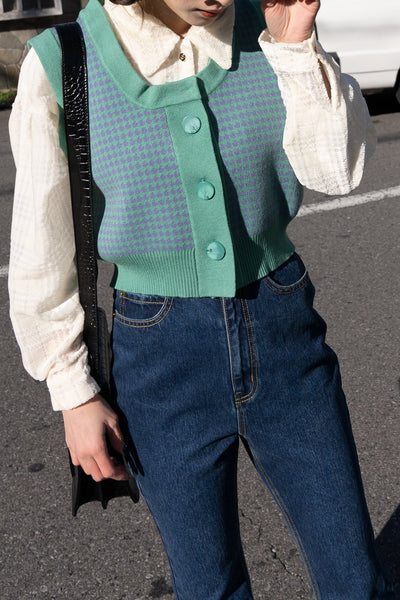 《壊れたフィルム》ハウンドトゥースチェックベスト-Emerald green