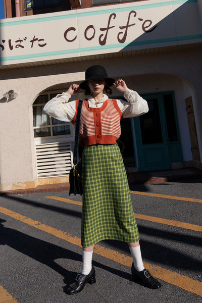 《壊れたフィルム》ハウンドトゥースチェックベスト-Orange red