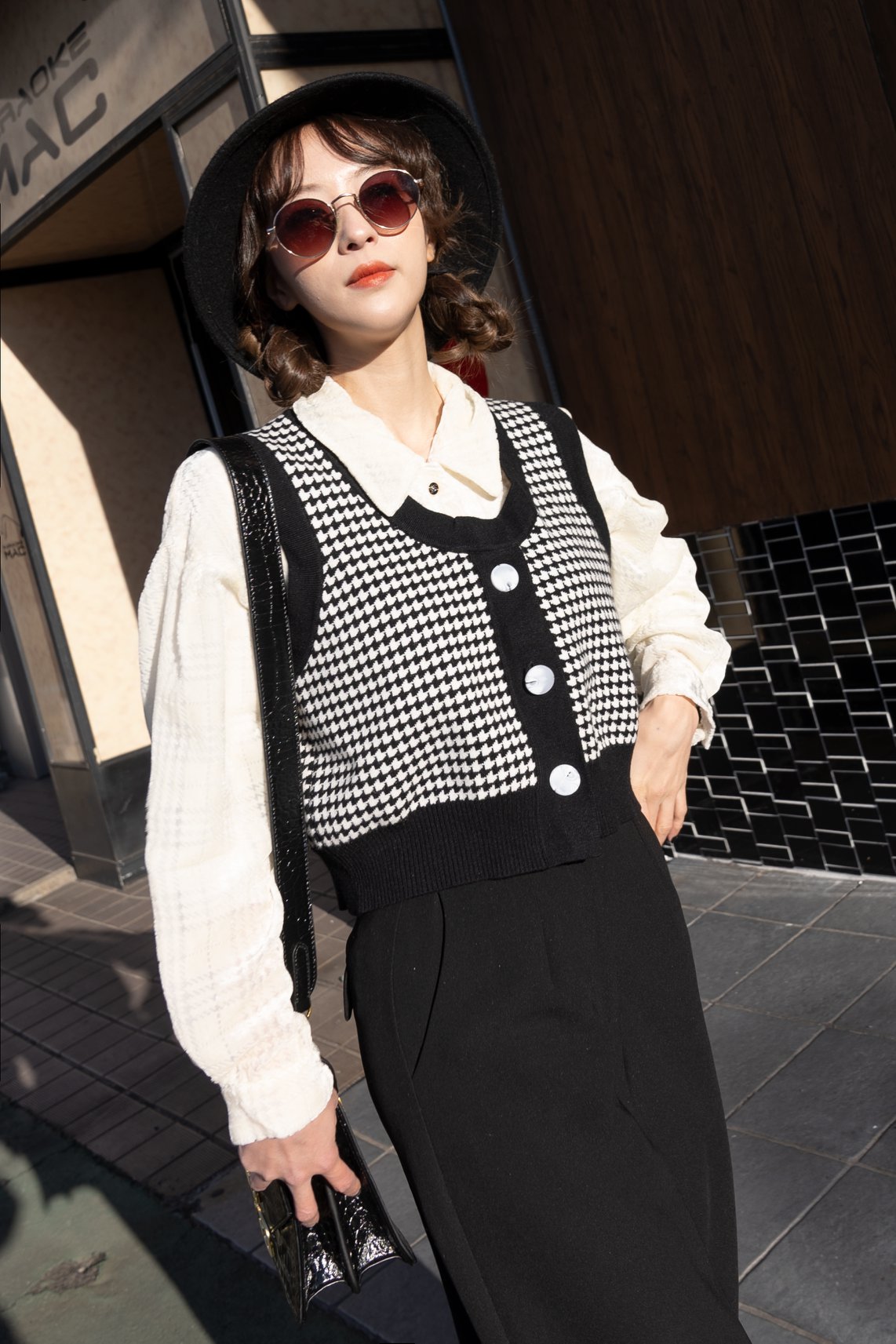 《壊れたフィルム》ハウンドトゥースチェックベスト-Black