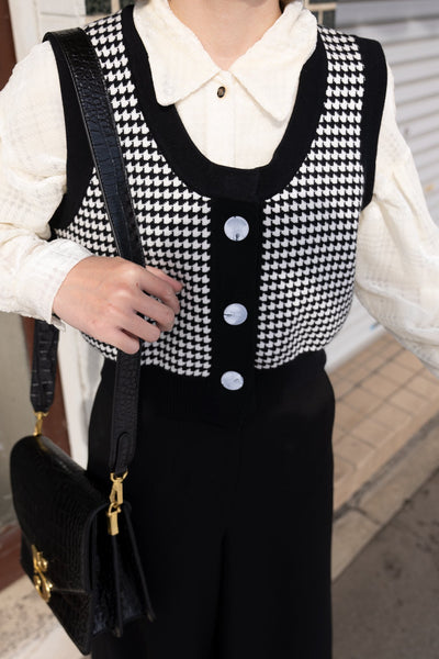 《壊れたフィルム》ハウンドトゥースチェックベスト-Black