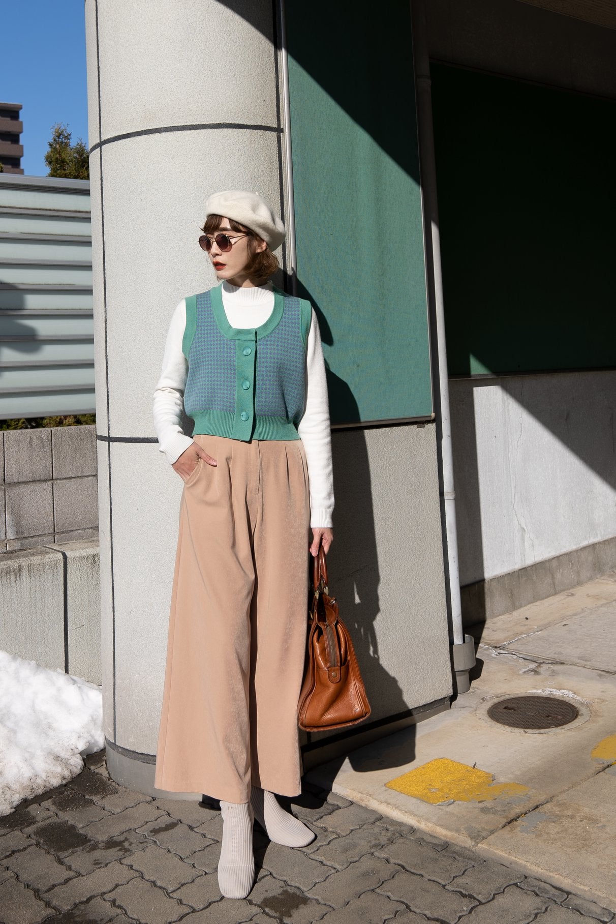 《壊れたフィルム》ハウンドトゥースチェックベスト-Emerald green