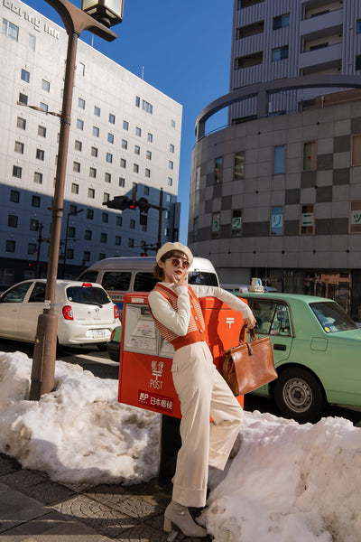 《壊れたフィルム》ハウンドトゥースチェックベスト-Orange red