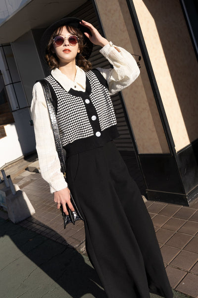 《壊れたフィルム》ハウンドトゥースチェックベスト-Black