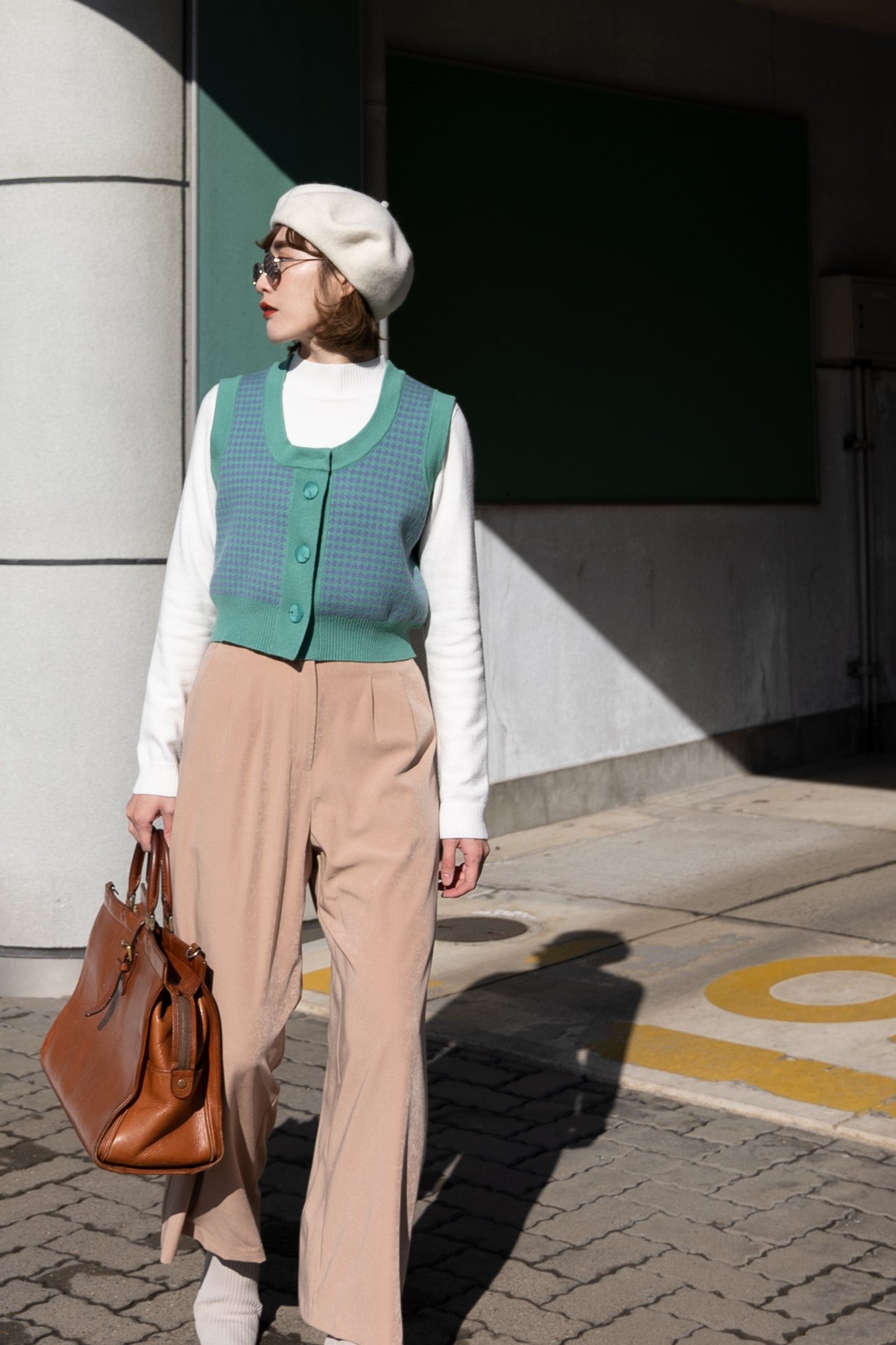 《壊れたフィルム》ハウンドトゥースチェックベスト-Emerald green