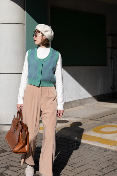 《壊れたフィルム》ハウンドトゥースチェックベスト-Emerald green