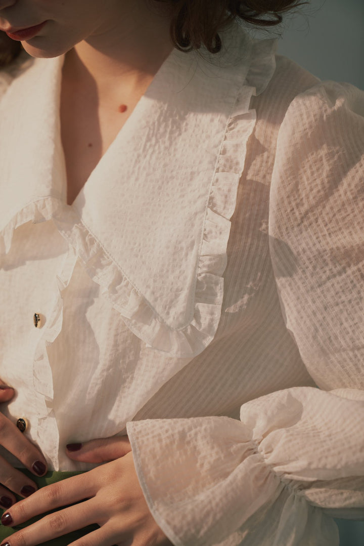 《メリーがまた嫉妬している》シースルーフリルブラウス-Off White