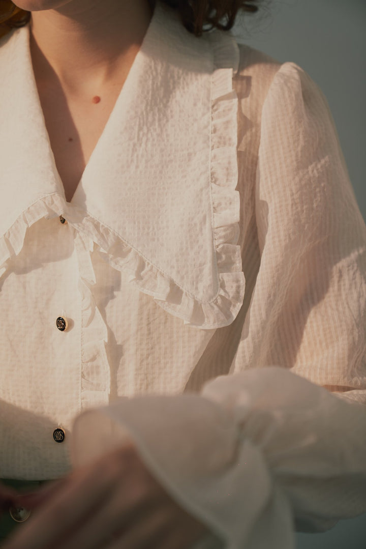 《メリーがまた嫉妬している》シースルーフリルブラウス-Off White