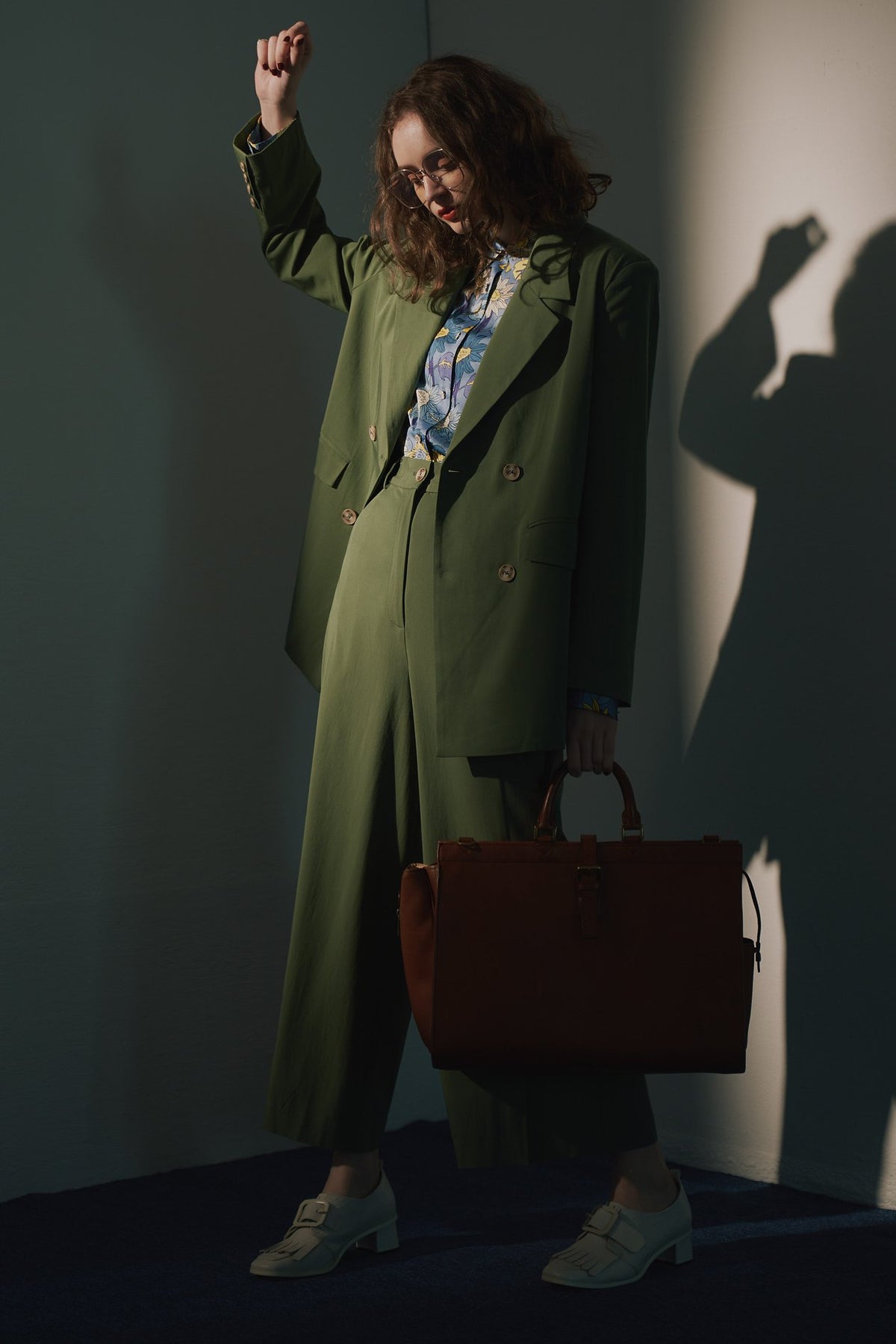 《Draw a map with tree branches》Double button jacket-Light green