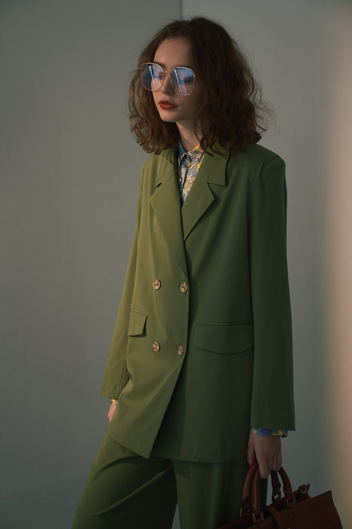 《Draw a map with tree branches》Double button jacket-Light green