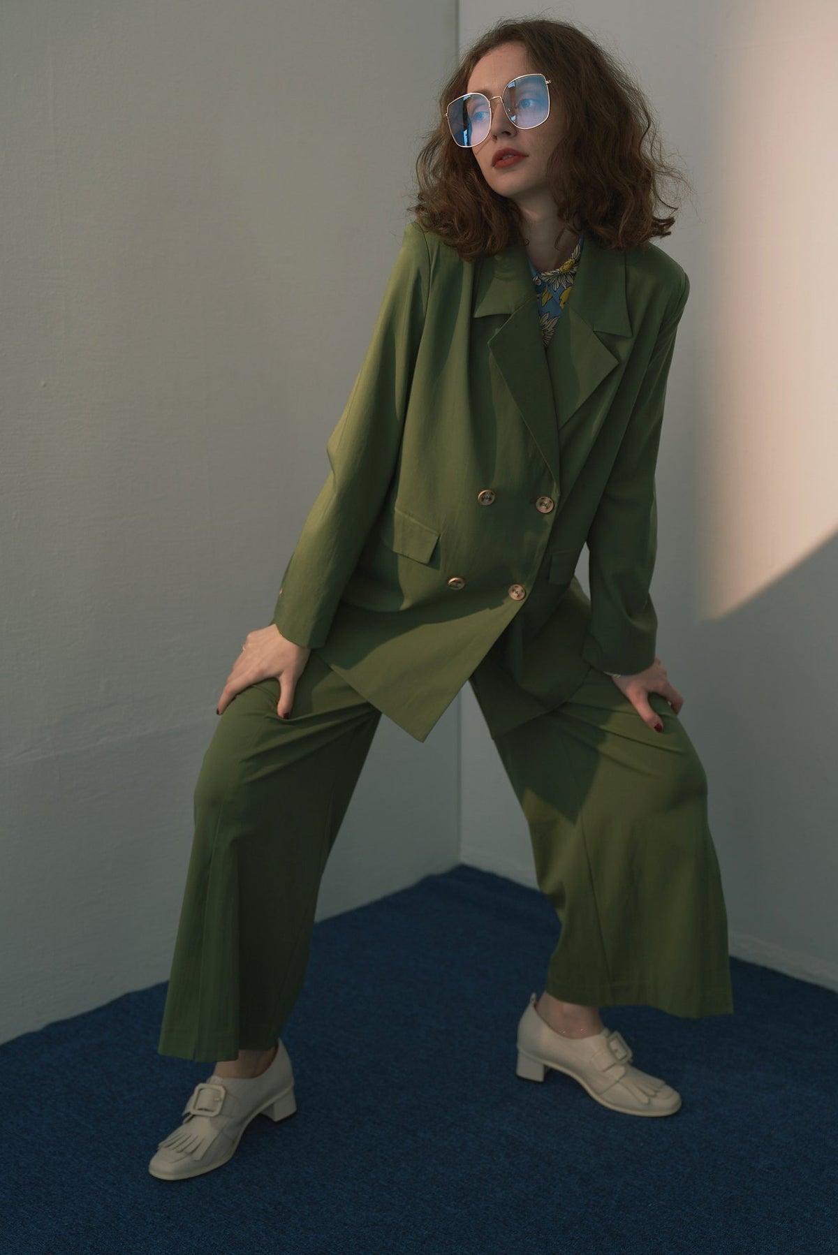 《Draw a map with tree branches》Double button jacket-Light green