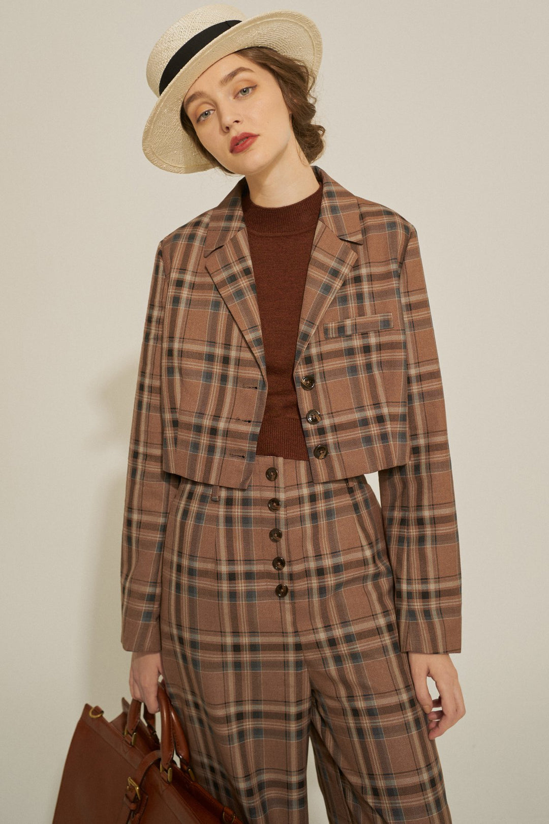 ポールと道でばったり遭遇》クロップドチェックジャケット-Moka Brown