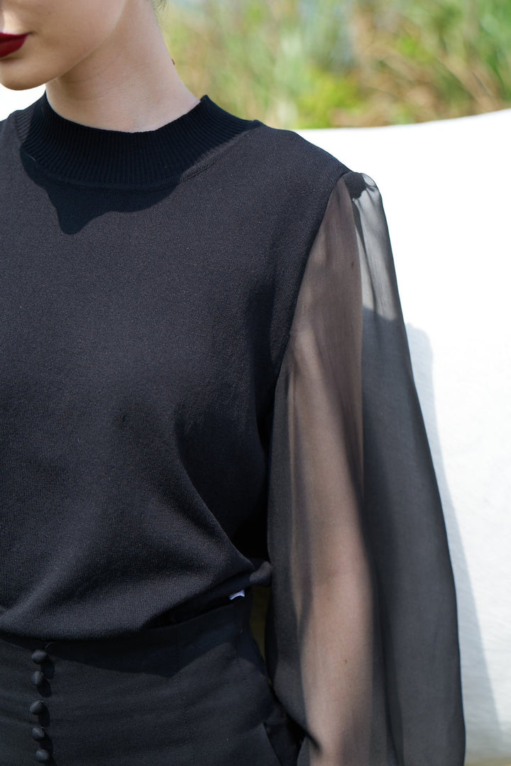 《特別な前菜》シースルースリーブニットトップ-Black
