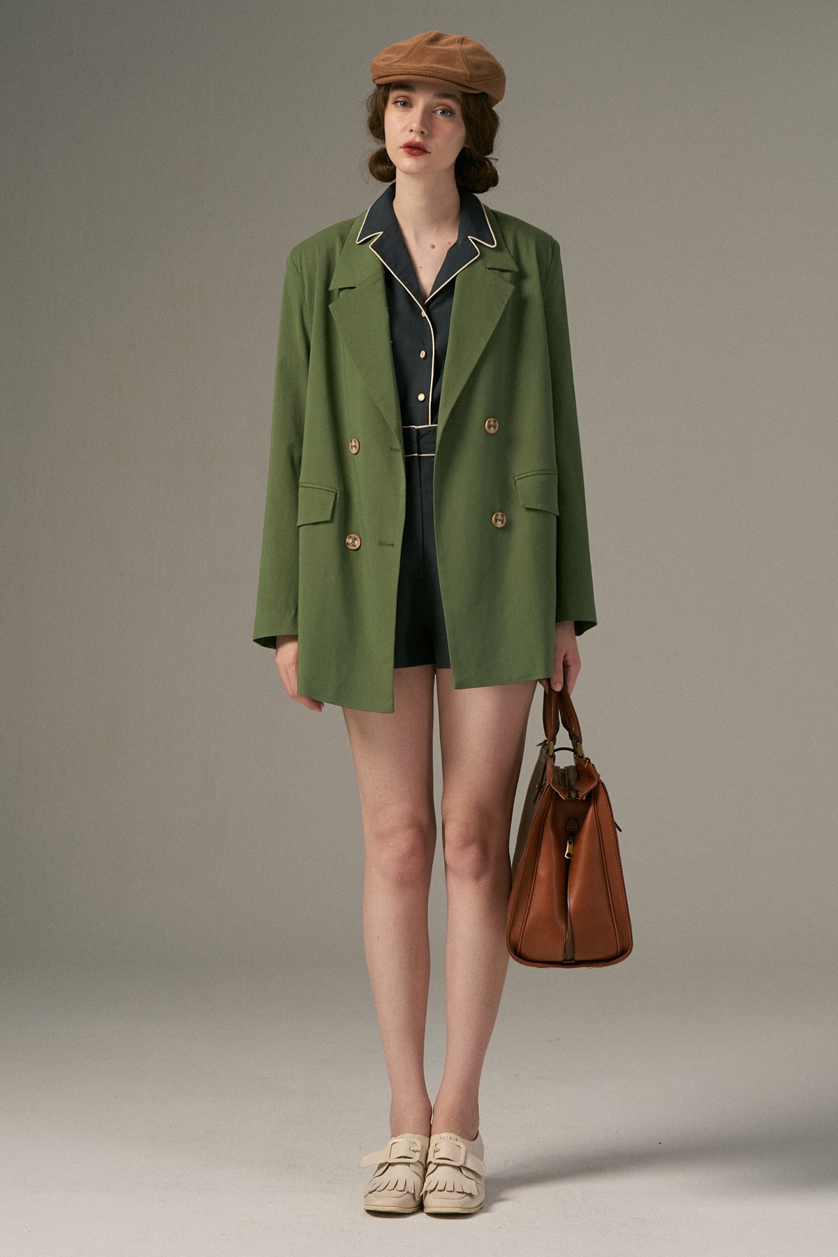 《Draw a map with tree branches》Double button jacket-Light green