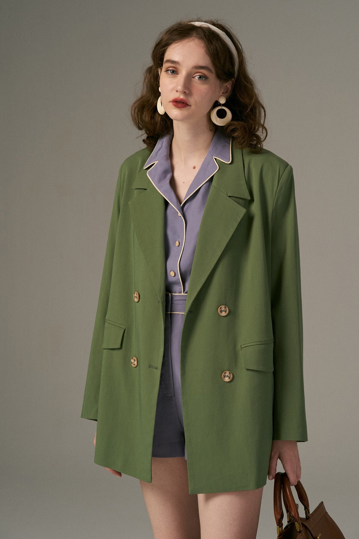《Draw a map with tree branches》Double button jacket-Light green