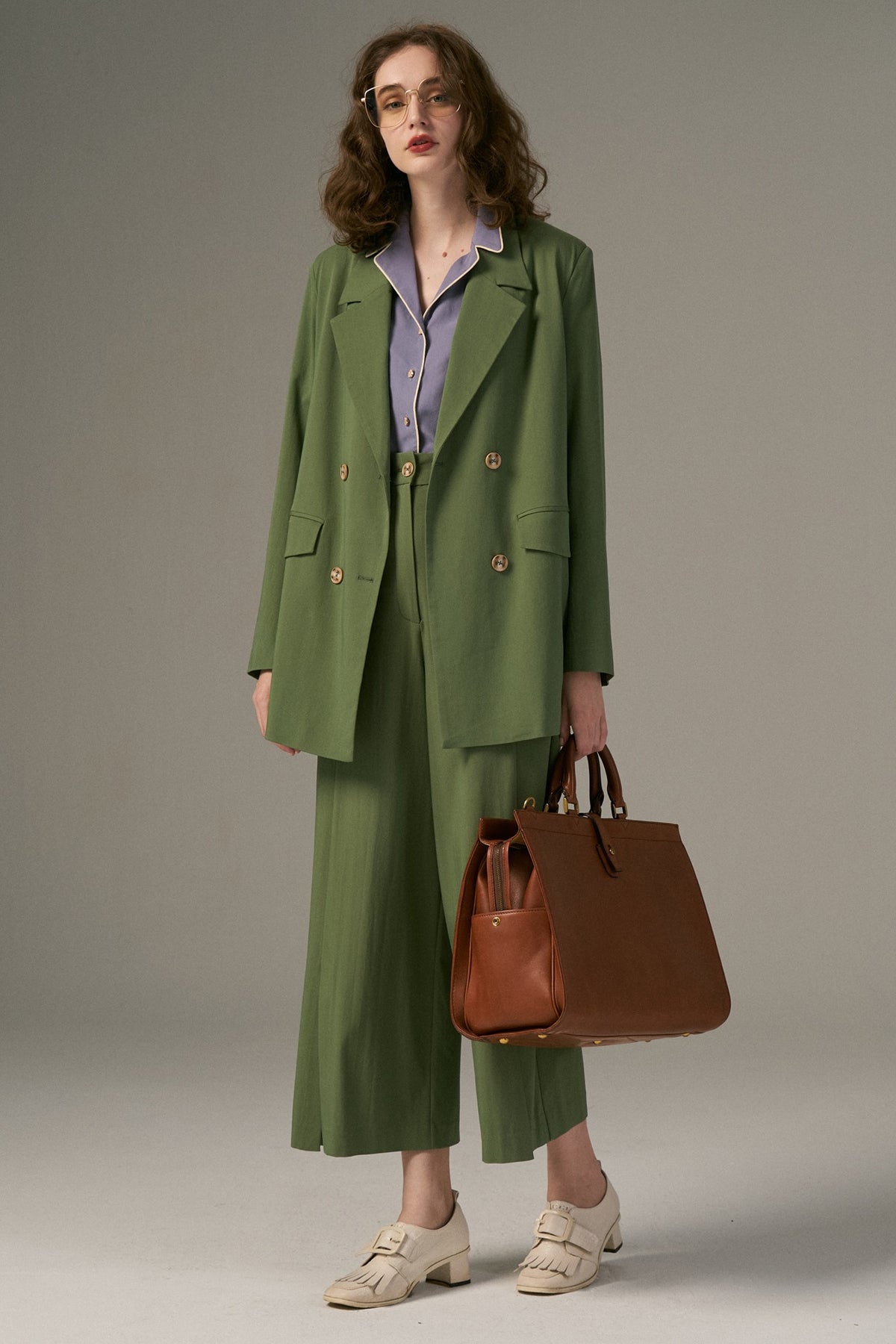 《Draw a map with tree branches》Double button jacket-Light green