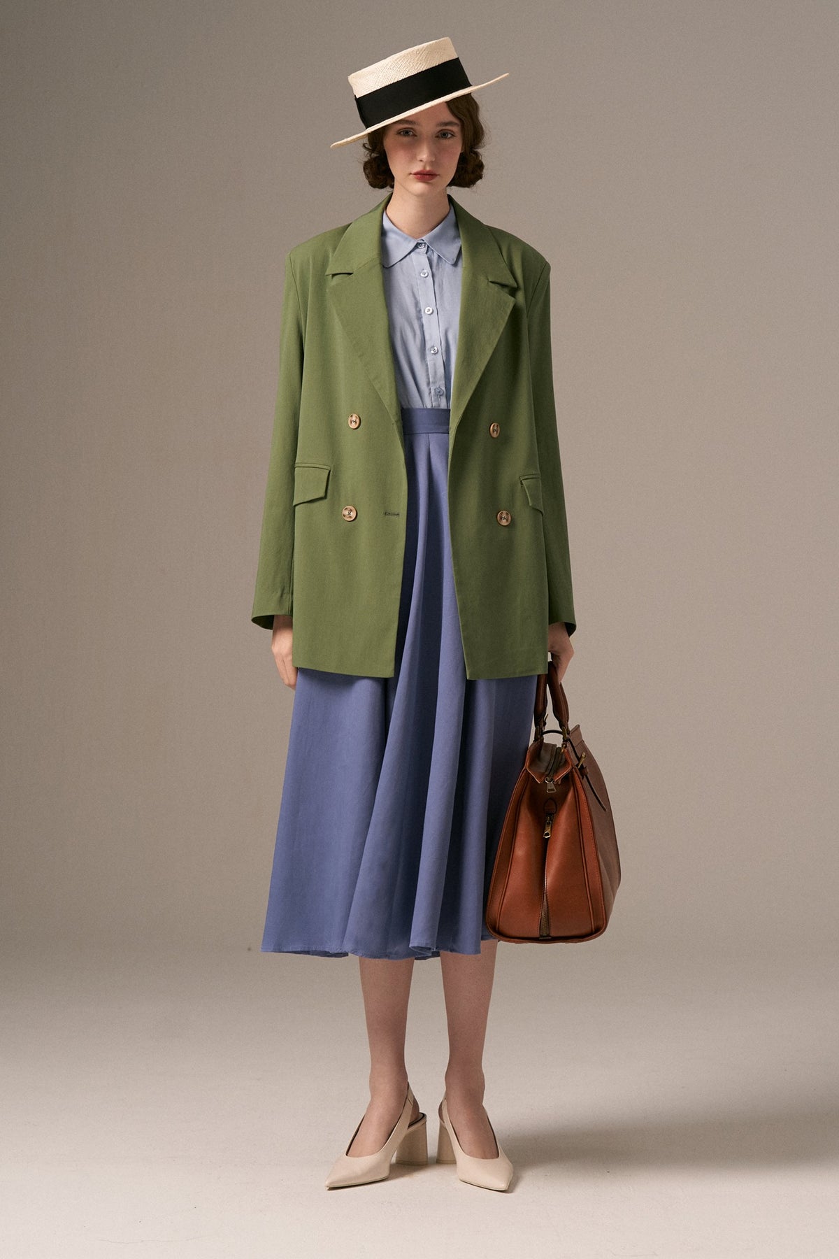 《Draw a map with tree branches》Double button jacket-Light green