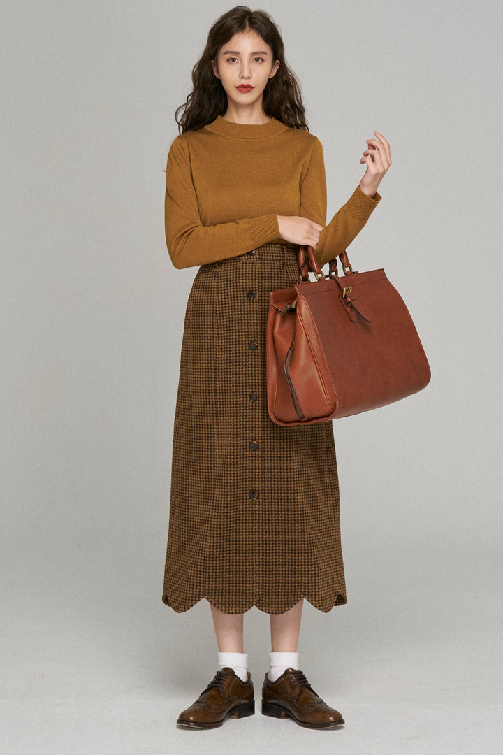 《頬を強くつねって》ハイウエストスカラップデザインスカート-Coffee