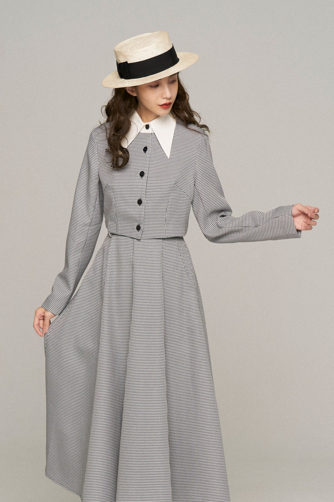 《つい一口食べちゃいました》バリモアカラークロップドブラウス-Houndstooth check