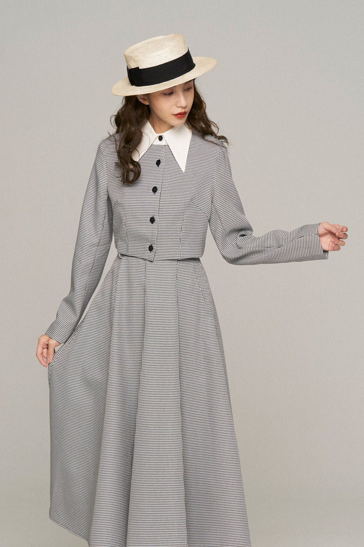 《つい一口食べちゃいました》バリモアカラークロップドブラウス-Houndstooth check