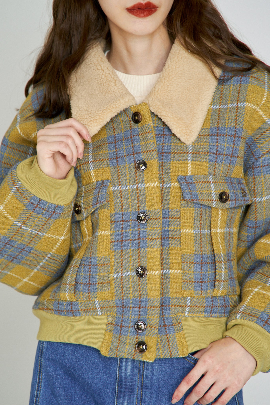 ♡イデアルーチェ♡ イエロースカラジャケット 望遠鏡を使いますか？》ボアカラーウールチェックジャケット-Mustard