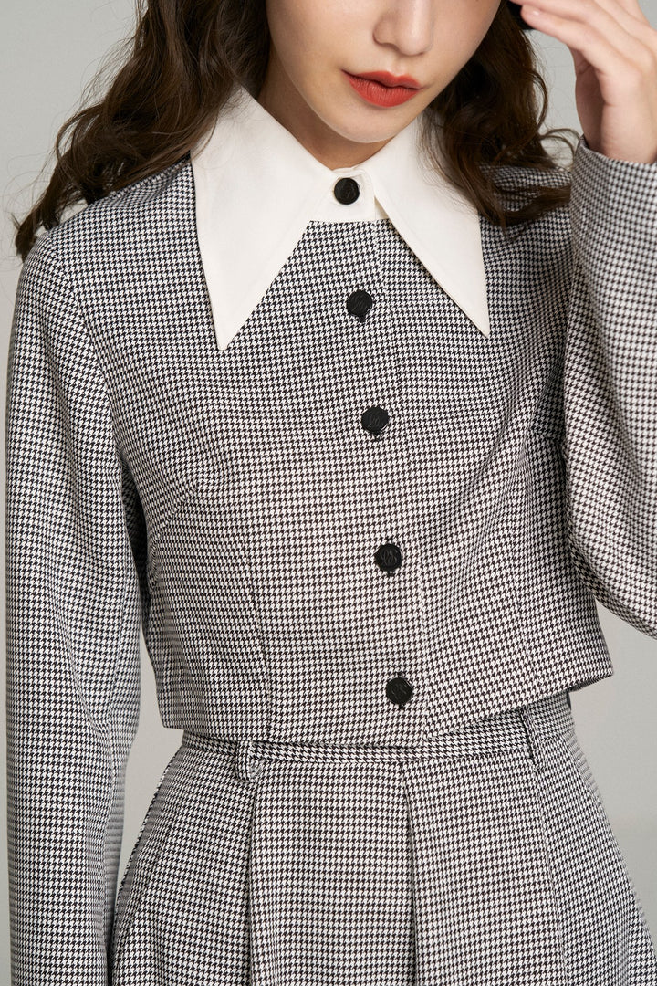 《つい一口食べちゃいました》バリモアカラークロップドブラウス-Houndstooth check