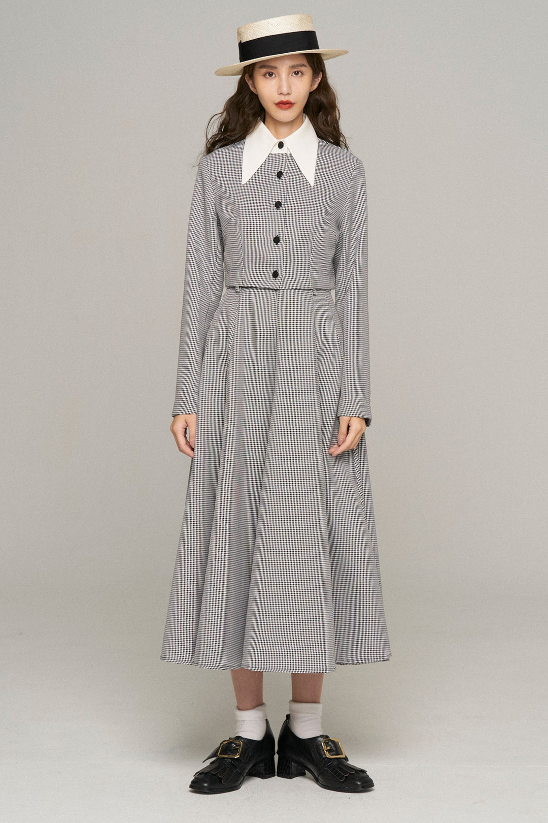 《つい一口食べちゃいました》ハイウエストサーキュラースカート-Houndstooth check