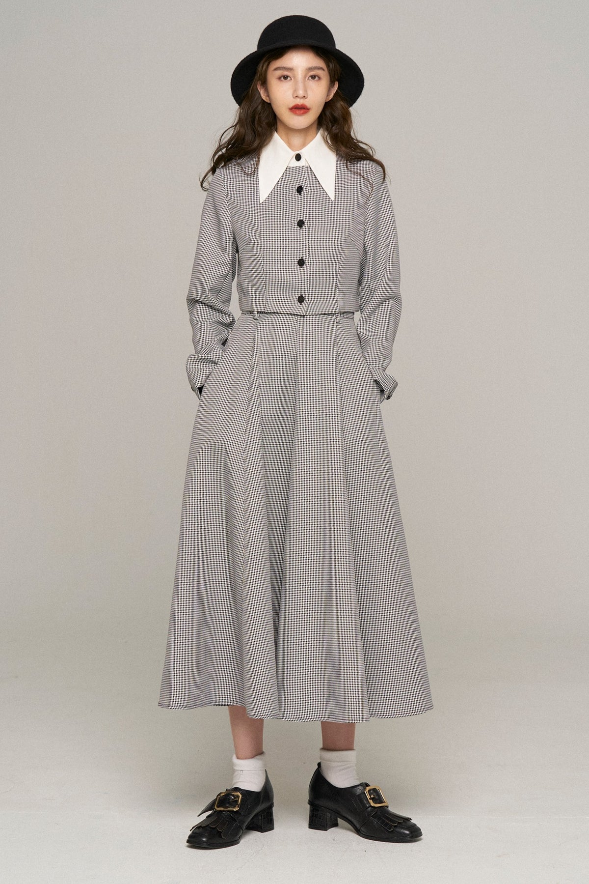 《마침내 한입 먹어버렸습니다》 하이웨스트 서큘러 스커트-Houndstooth check