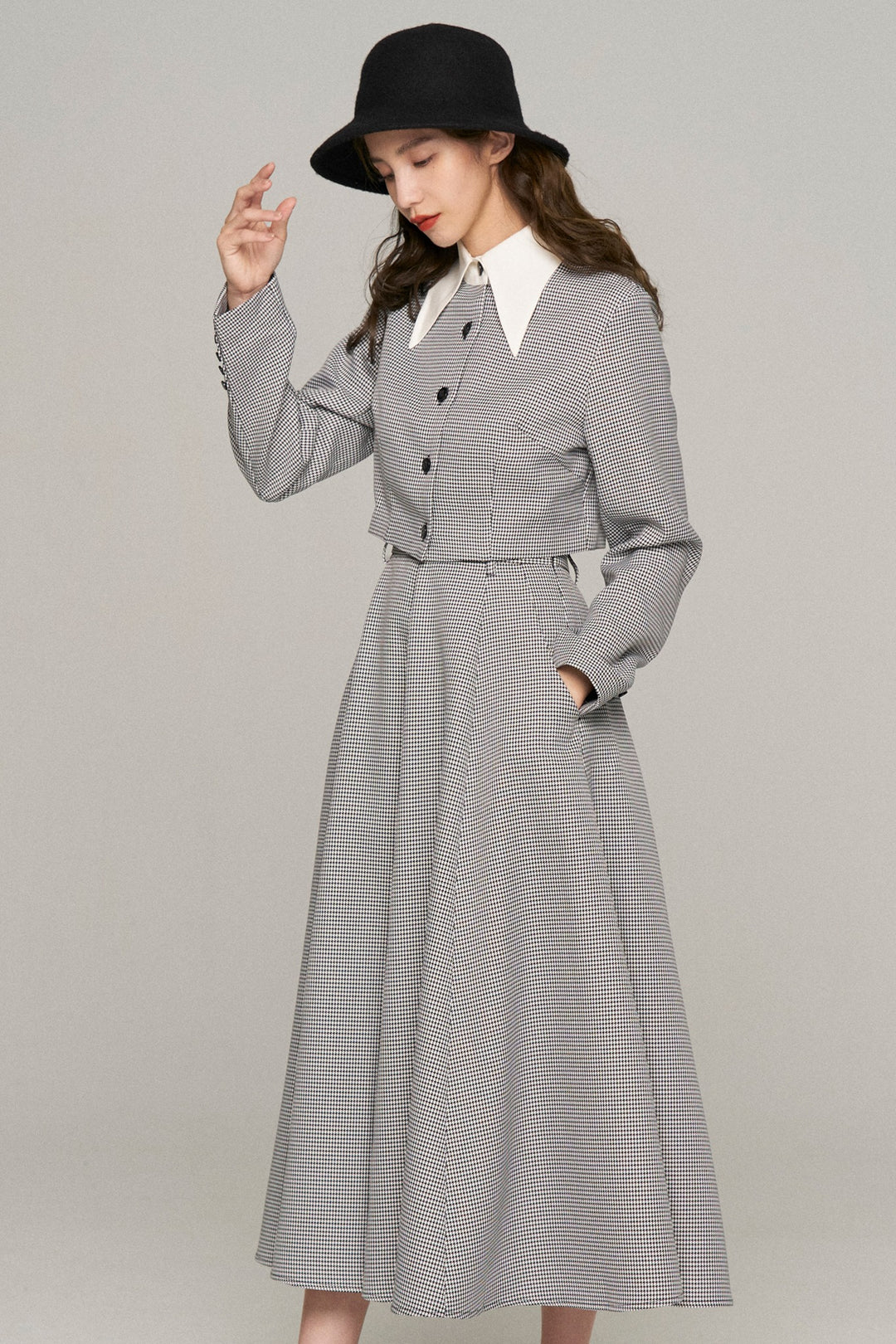 《つい一口食べちゃいました》ハイウエストサーキュラースカート-Houndstooth check