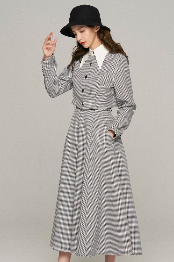 《つい一口食べちゃいました》バリモアカラークロップドブラウス-Houndstooth check