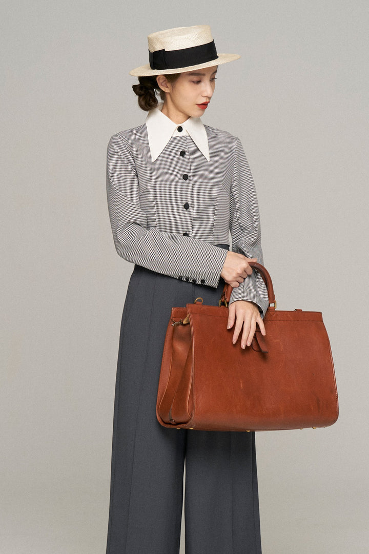 《つい一口食べちゃいました》バリモアカラークロップドブラウス-Houndstooth check