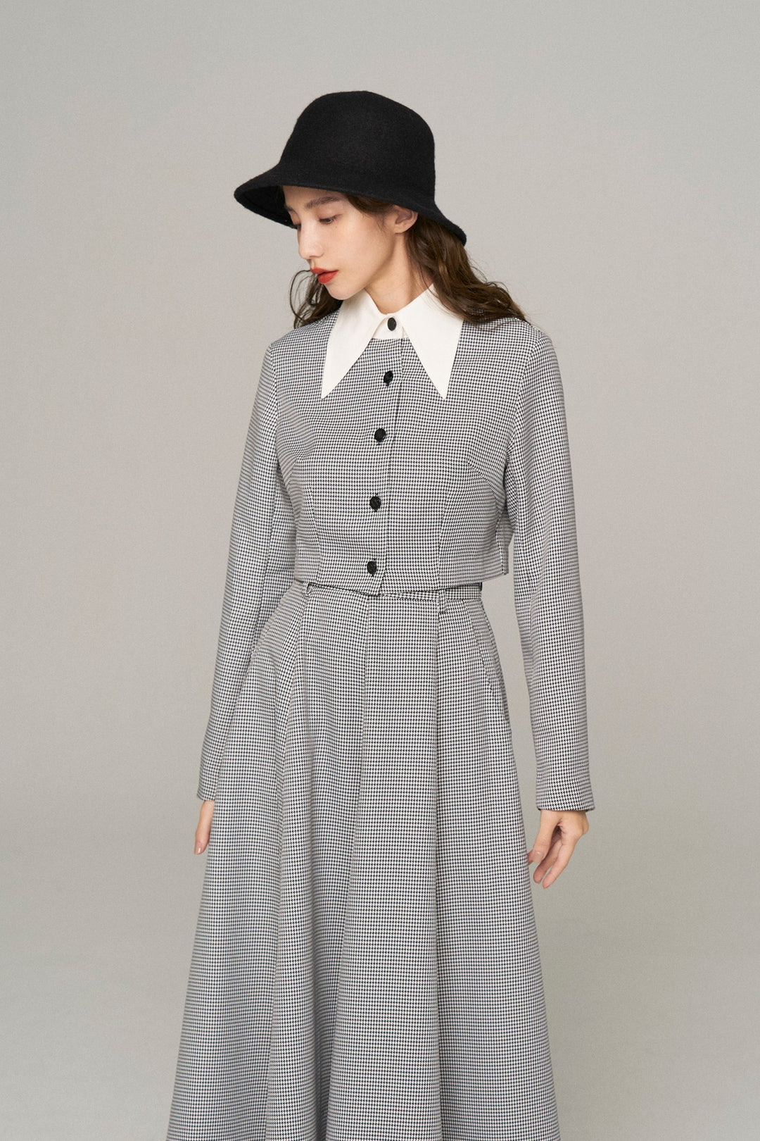 《つい一口食べちゃいました》ハイウエストサーキュラースカート-Houndstooth check