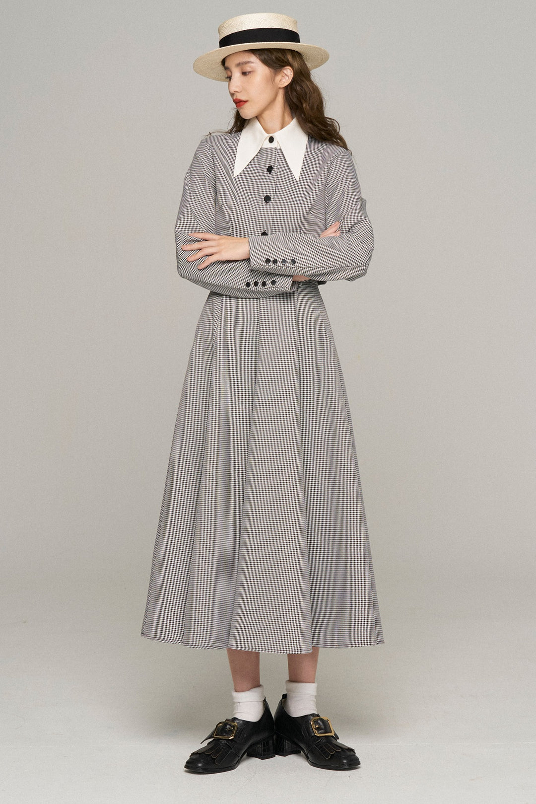 《つい一口食べちゃいました》ハイウエストサーキュラースカート-Houndstooth check
