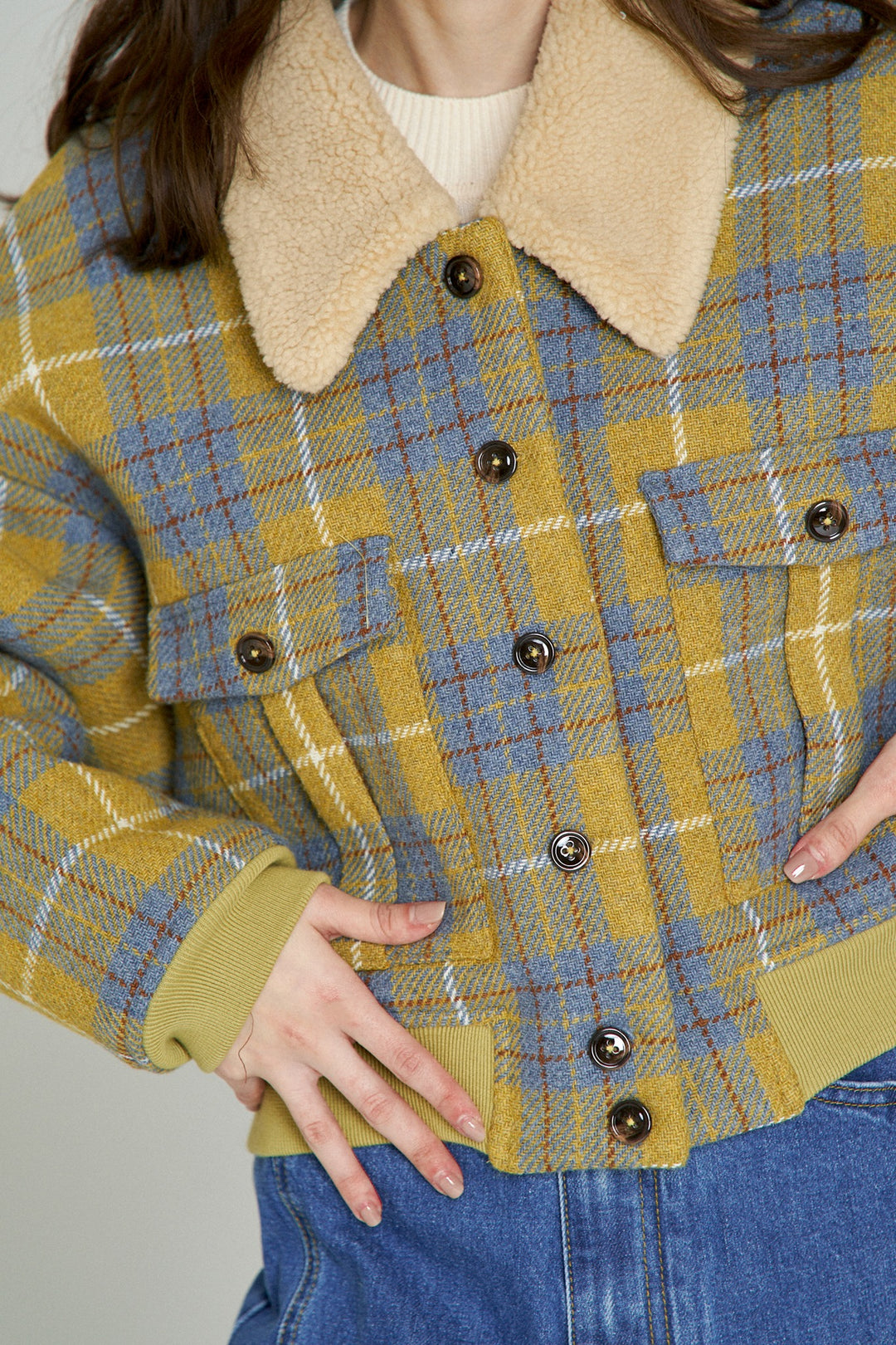 望遠鏡を使いますか？》ボアカラーウールチェックジャケット-Mustard